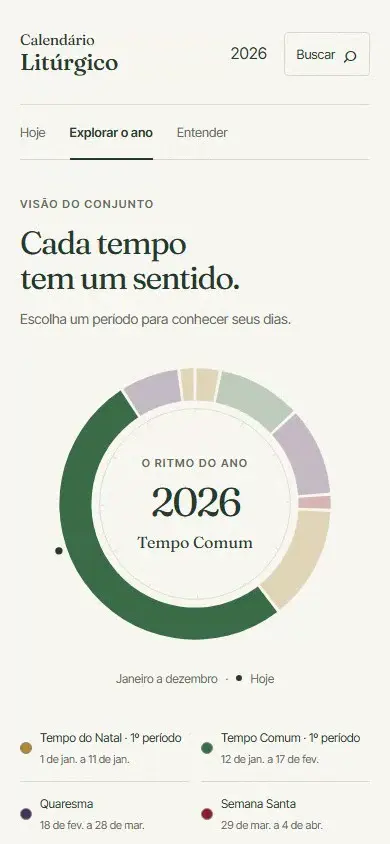 Tela do Calendário Litúrgico. Versão mobile.